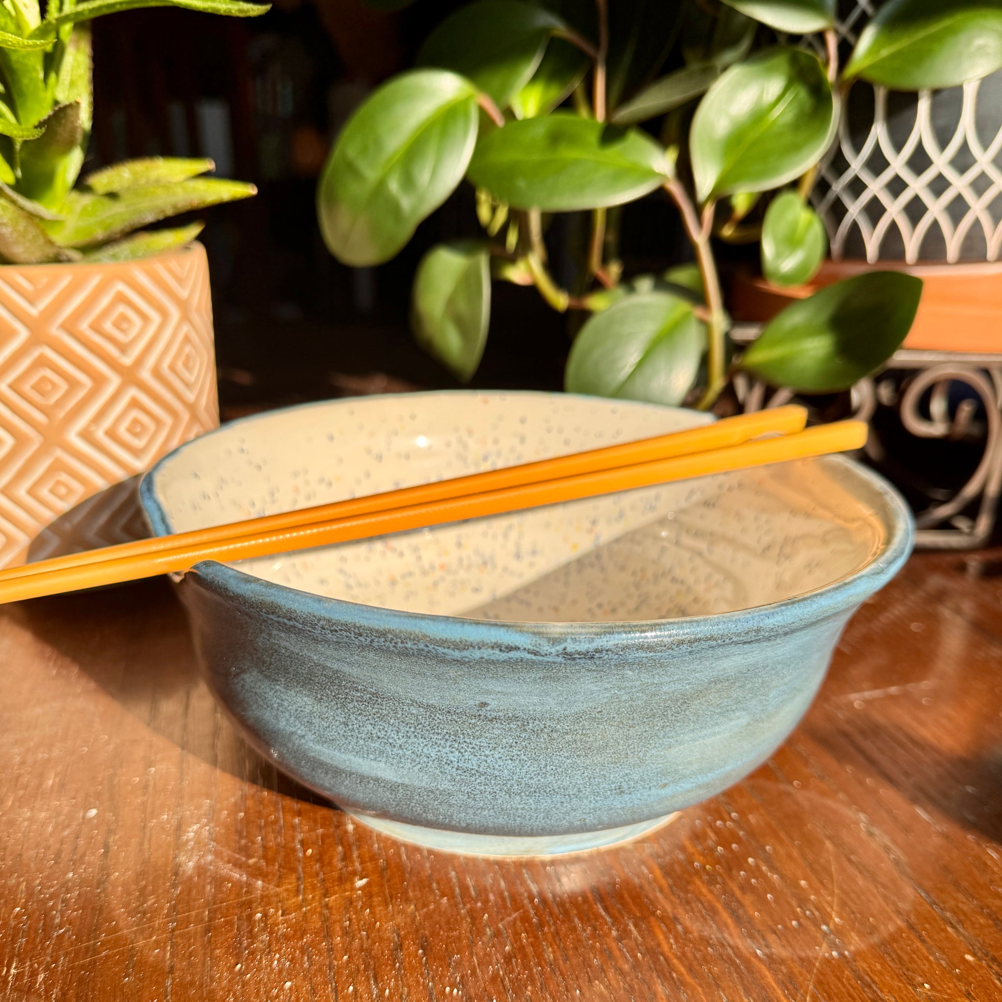 Speckled Blue Ramen Bowl with Chopsticks